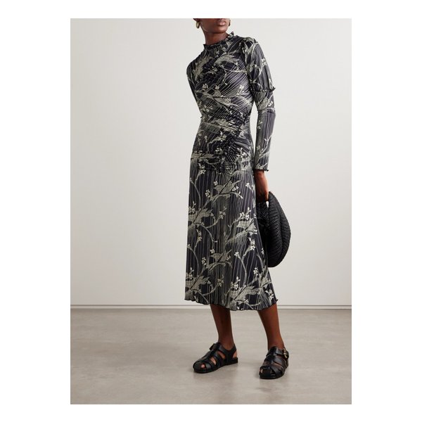 서니바 주름 러플 프린트 스트레치 저지 미디 드레스 블랙 1647597343649697
