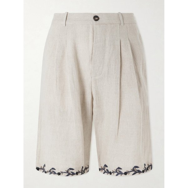 카틱 리서치 스트레이트 레그 플리츠 자수 리넨 쇼츠 46376663162975405