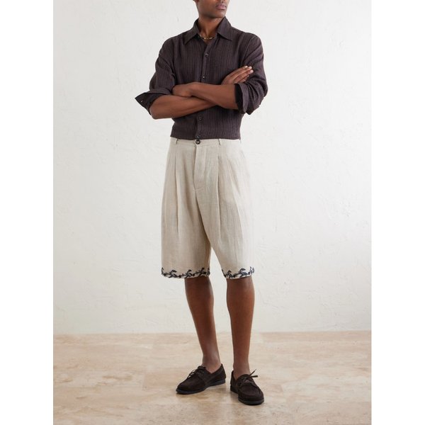 카틱 리서치 스트레이트 레그 플리츠 자수 리넨 쇼츠 46376663162975405