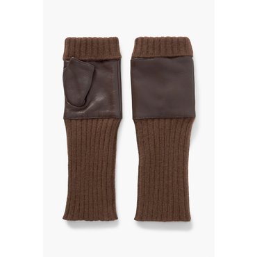 PORTOLANO Leather-trimmed ribbed cashmere fingerless gloves 브라운 1647597288180626