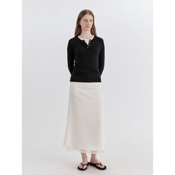 Classic Layered Satin Chiffon Long Skirt - Cream
