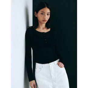 See-through Button Slim T-Shirt (Black)