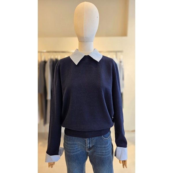 [여주점] (JJ 지고트) 여성 셔츠 배색 라운드넥 풀오버 니트 GS3M1PO901