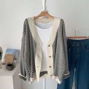 여유있는 헤링본 브이넥 루즈핏 박스 가디건 3color_P387713215