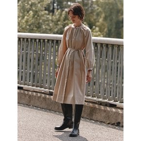 [COTTON] Shirring Belted Cotton Dress