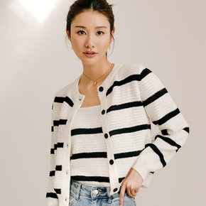 LS White Striped Knit Suspender Cardigan Two-Piece Set