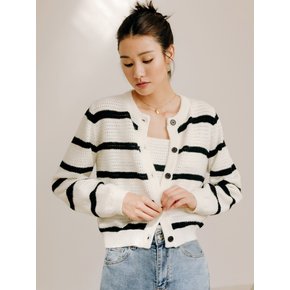 LS White Striped Knit Suspender Cardigan Two-Piece Set