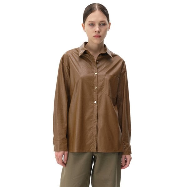 VEGAN LEATHER COLLAR SHIRT (BROWN)