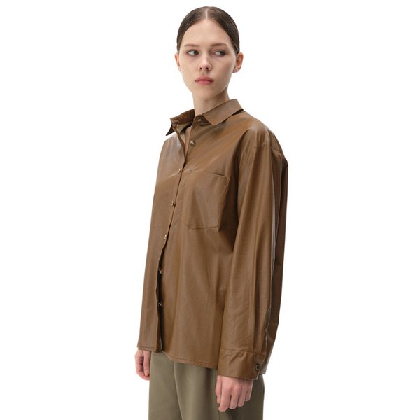 VEGAN LEATHER COLLAR SHIRT (BROWN)