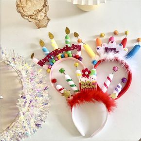 해피벌스데이 케이크 핑크 촛불 생일파티 머리띠 축하 모자
