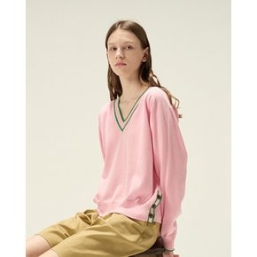 Striped trim extrafine V-neck pullover_Jelly pink