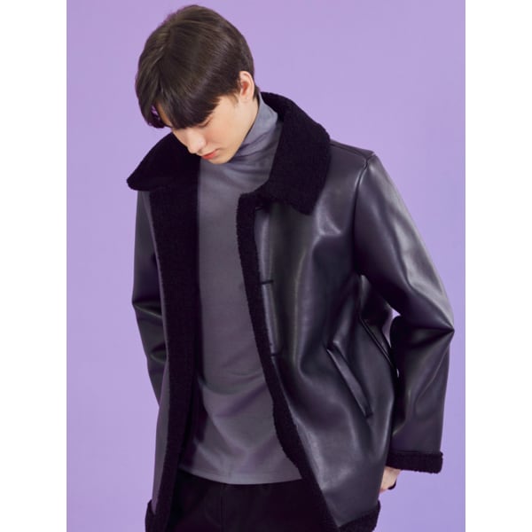 MEN 오버핏 무스탕 플리스 미디 코트 단추 자켓 All_Black