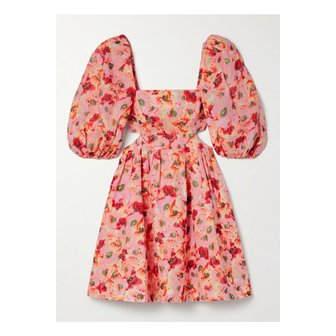 짐머만 라이트버스트 플리츠 컷아웃 플로럴 프린트 리넨 미니 드레스 레드 1647597339061603