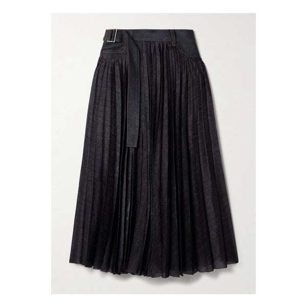 데님 트리밍 플리츠 프린트 크레이프 드 신 미디 랩 스커트 블루 1647597350169313