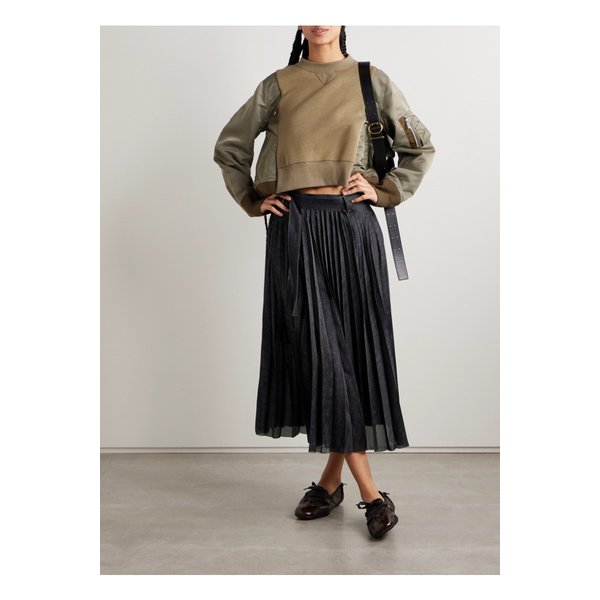 데님 트리밍 플리츠 프린트 크레이프 드 신 미디 랩 스커트 블루 1647597350169313