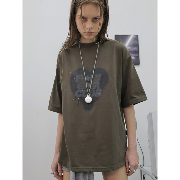 OVERSIZED HIP HOP DANCE STUDIO HEART GRAPHICS SHORT SLEEVE T-SHIRT_KHAKI