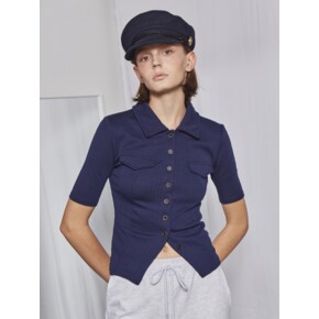 Collar Button Ribbed T-shirt (Navy)