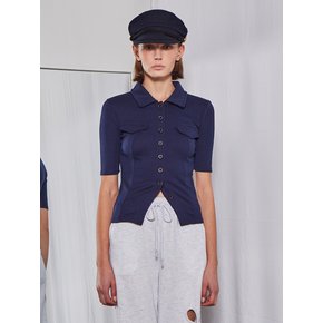 Collar Button Ribbed T-shirt (Navy)