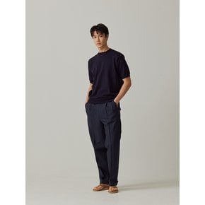 Linen / Cotton Twill adjust 2Pleats relaxed Trousers (Navy)