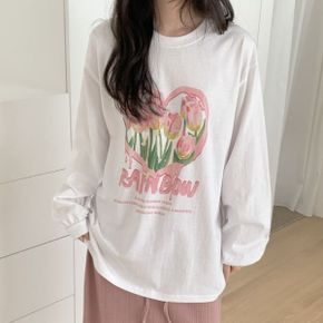 하트플라워 라운드박스 긴팔롱티셔츠 가을데일리 오버핏 프린팅 면캐주얼_P435722860