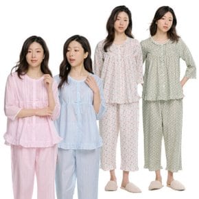 여성 봄 가을 7부 잠옷 세트 원피스 순면 파자마 홈웨어