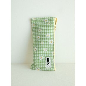 flat pencil case - check flower green (topside zipper)