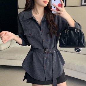 잔스트라이프 벨티드핏 시크셔츠 유이홍셔츠