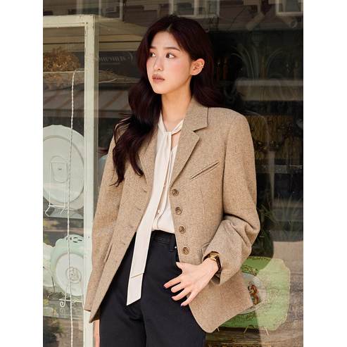 올리브데올리브 [인플루언서 착장]울 블렌드 싱글 테일러드 체크 자켓 OW4WJ952