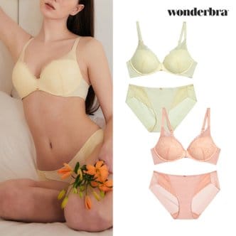 WONDERBRA 노와이어 플로럴 브라팬티 4종세트 레몬옐로우 코랄핑크 WBW3M4041_T