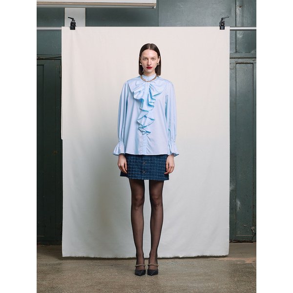 BLUE RUFFLE COLLAR BLOUSE