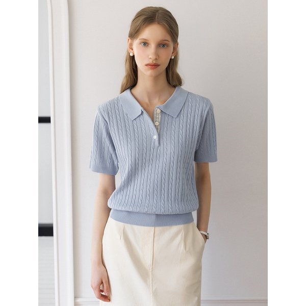 레이스 배색 꽈배기 반팔 카라 니트_4color