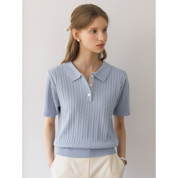 레이스 배색 꽈배기 반팔 카라 니트_4color