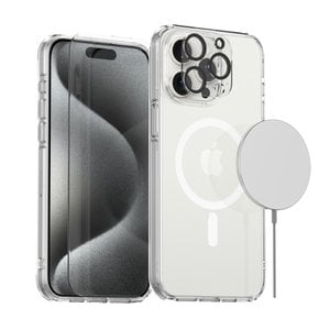 칸탐 아이폰 15 프로 프로맥스 맥세이프 투명 케이스 강화유리 액정보호필름 + 카메라보호필름