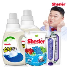 강호동의 쉬슬러 액상 세제 실내건조전용 650ml 2개+세제리필 500ml 1개+잇몸케어 치약 100g 1개.