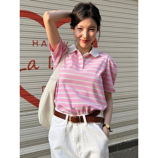 Stripe collar puff top - Pink