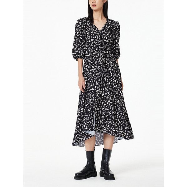 플라워 패턴 셔링 디테일 드레스_블랙 7214337103