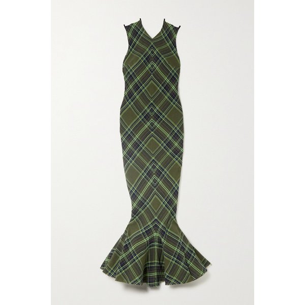 코너 아이브스 플루티드 체크 코튼 혼방 거즈 미디 드레스 그린 33258524072756209