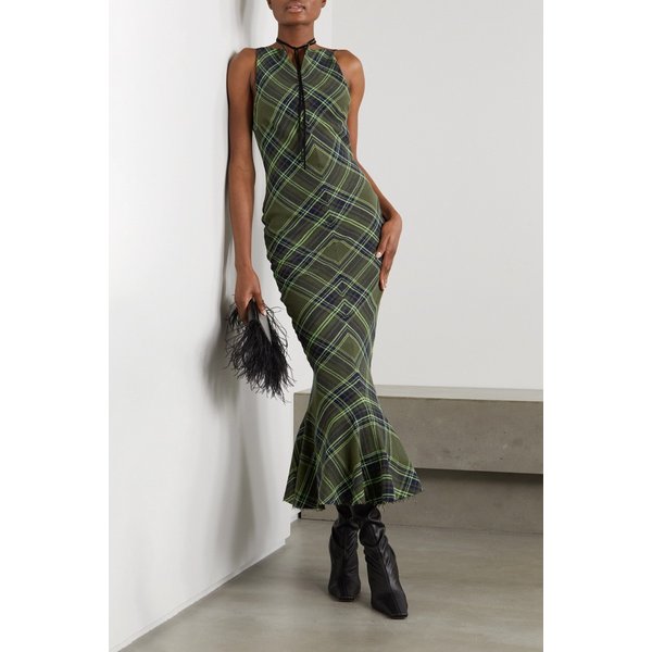 코너 아이브스 플루티드 체크 코튼 혼방 거즈 미디 드레스 그린 33258524072756209