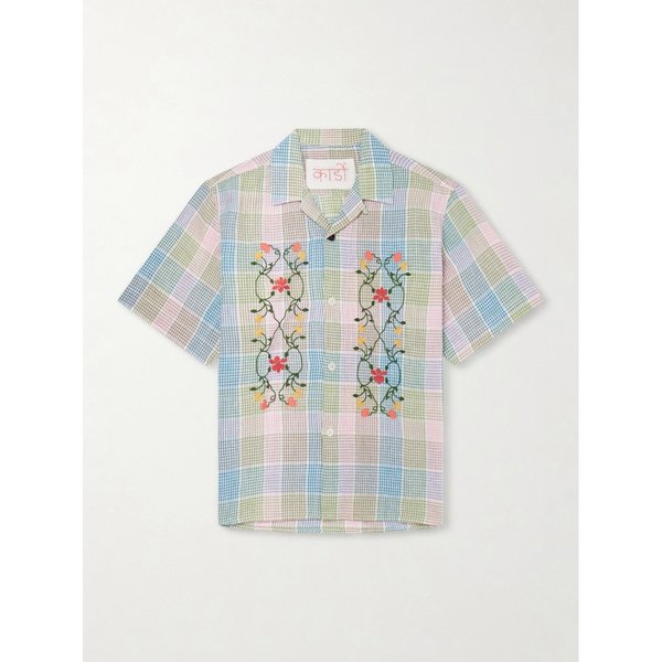 로넨 캠프 칼라 플로럴 자수 체크 코튼 리넨 블렌드 셔츠 46376663163099452