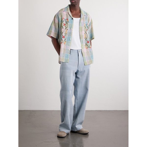 로넨 캠프 칼라 플로럴 자수 체크 코튼 리넨 블렌드 셔츠 46376663163099452