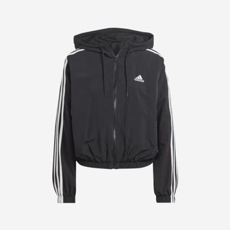  (W) 아디다스 에센셜 3S 우븐 윈드브레이커 자켓 블랙 화이트 - KR 사이즈 (W) Adidas Essential