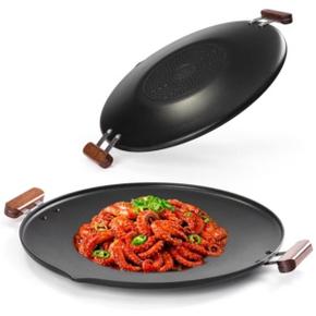 코팅 그리들 35cm 블랙 나무손잡이 인덕션 그리들팬 캠핑 고기불판