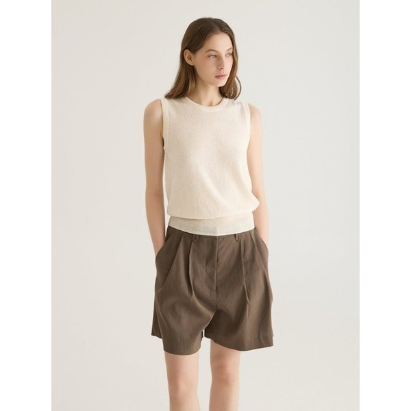 LINEN BLEND BERMUDA TWO-TUCK SHORTS - BROWN