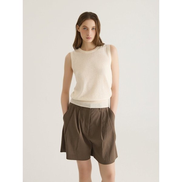 LINEN BLEND BERMUDA TWO-TUCK SHORTS - BROWN
