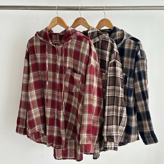  [옷자락] 여성 루즈핏 체크 플란넬 후드 남방 포켓 셔츠