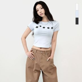 여자 스판 키치 그래픽 크롭 반팔 티셔츠 SATO007