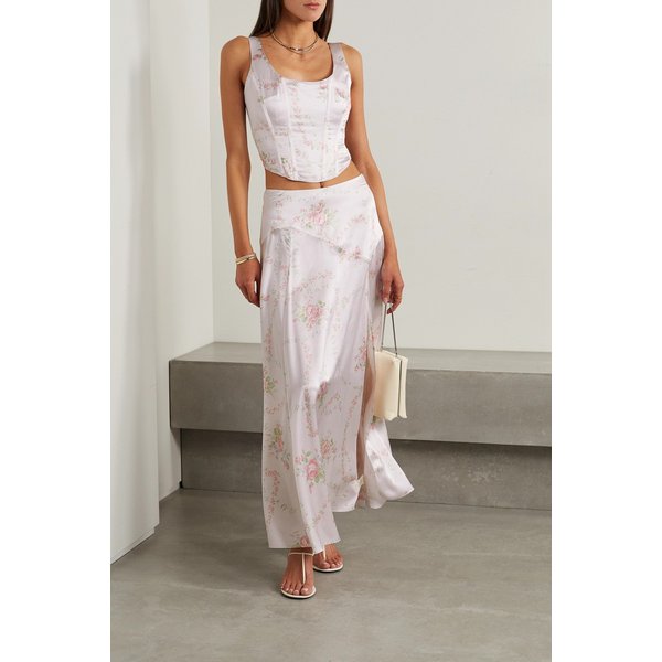 지기 플로럴 프린트 실크 샤르뫼즈 맥시 스커트 핑크 1647597303580076