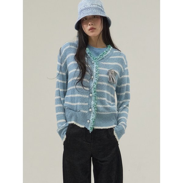Fringe Trim Marine Knit Cardigan_Sky Blue