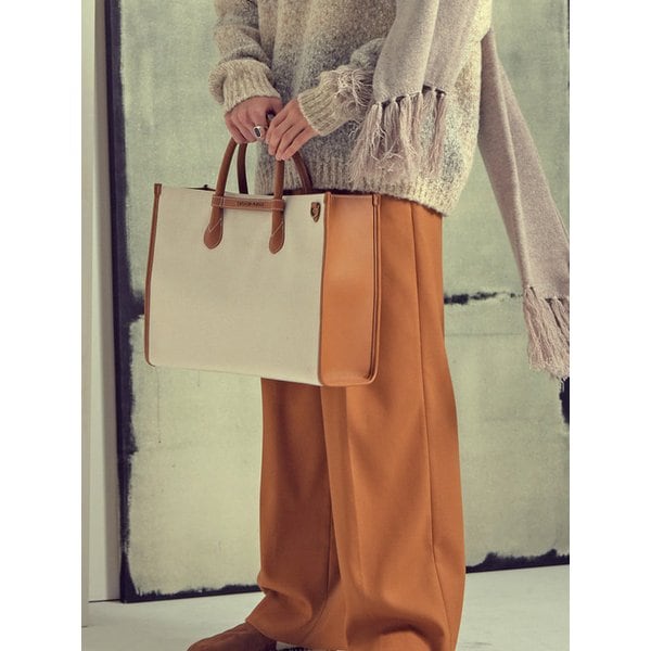 투톤 캔버스 레더 브릿지 토트백 _ 브라운 아이보리