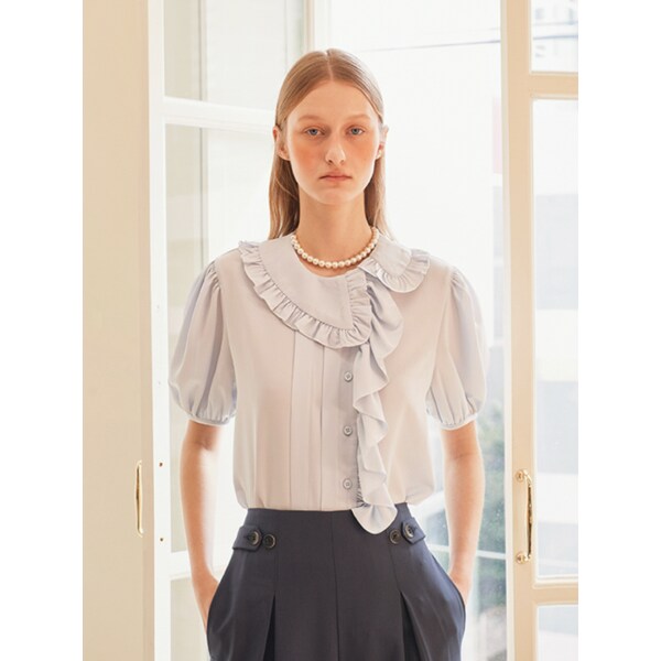 [LINE] Unbalanced Shirring Frill Blouse (Sky Blue)